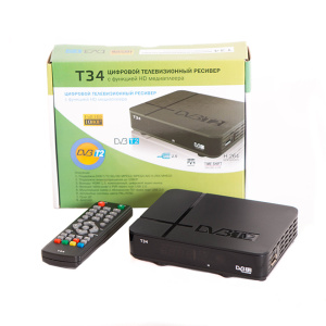 Ресивер T-34 цифровой, пластик, дисплей формат DVB T2, до 1080p, Mstar 7T01, МВ (174-230)MHz, ДМВ (