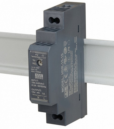 Купить Блок питания HDR-15-15 на DIN-рейку 15В,1А,15Вт. Mean Well