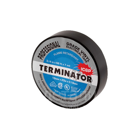 Купить Изолента IU1K Terminator 19мм/20м. черная, огнеупорная, всепогодная, 0,17мм/0,18мм.