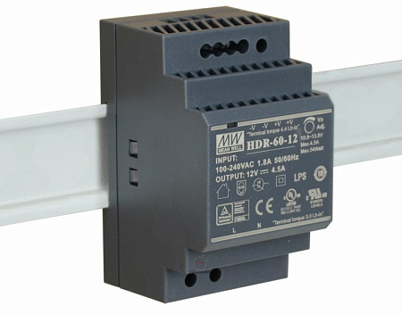 Купить Блок питания HDR-60-12 на DIN-рейку 12В/4.5А, 60Вт, ultra slim дизайн, соответствуют стандартам UL/T