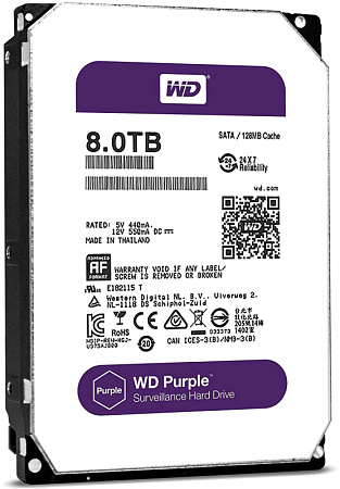 Купить Жёсткий диск 8Тб WD82PURZ, WD Purple (HDD) для видеонаблюдения; SATA-III; 8000 ГБ (8 Тб); 128 МБ; 3.